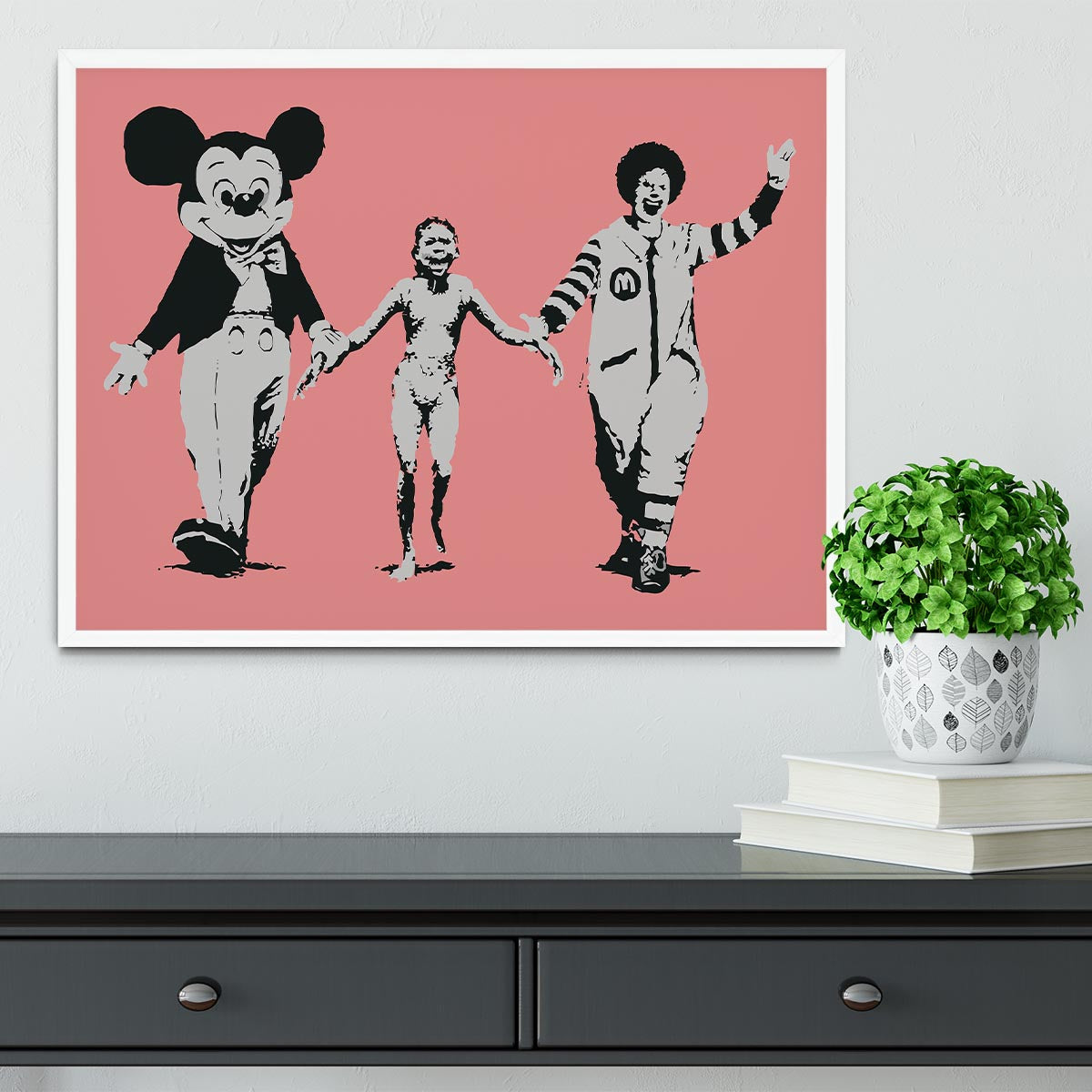 Banksy Mickey and Ronald Red Framed Print - Canvas Art Rocks -6