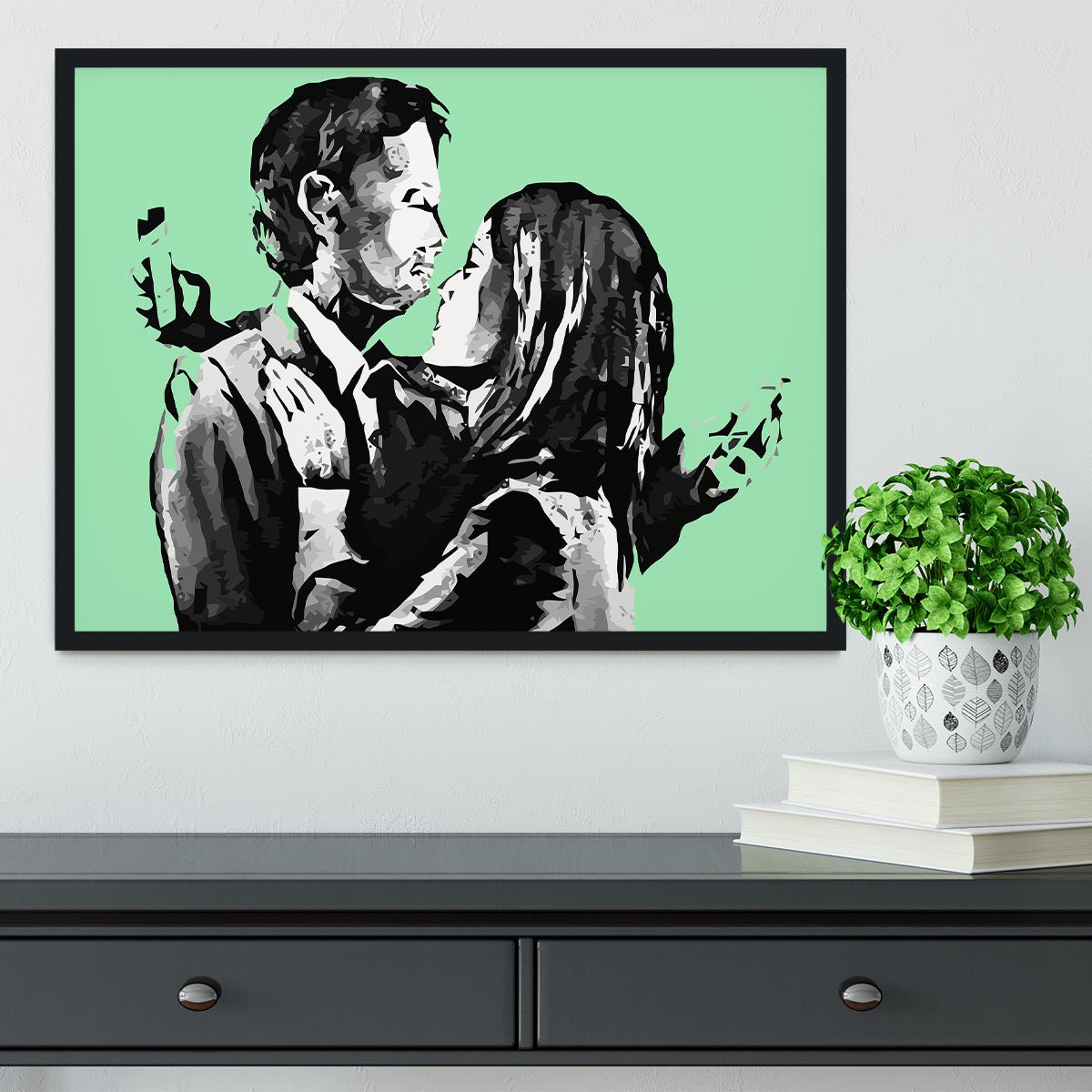 Banksy Mobile Lovers Green Framed Print - Canvas Art Rocks - 2