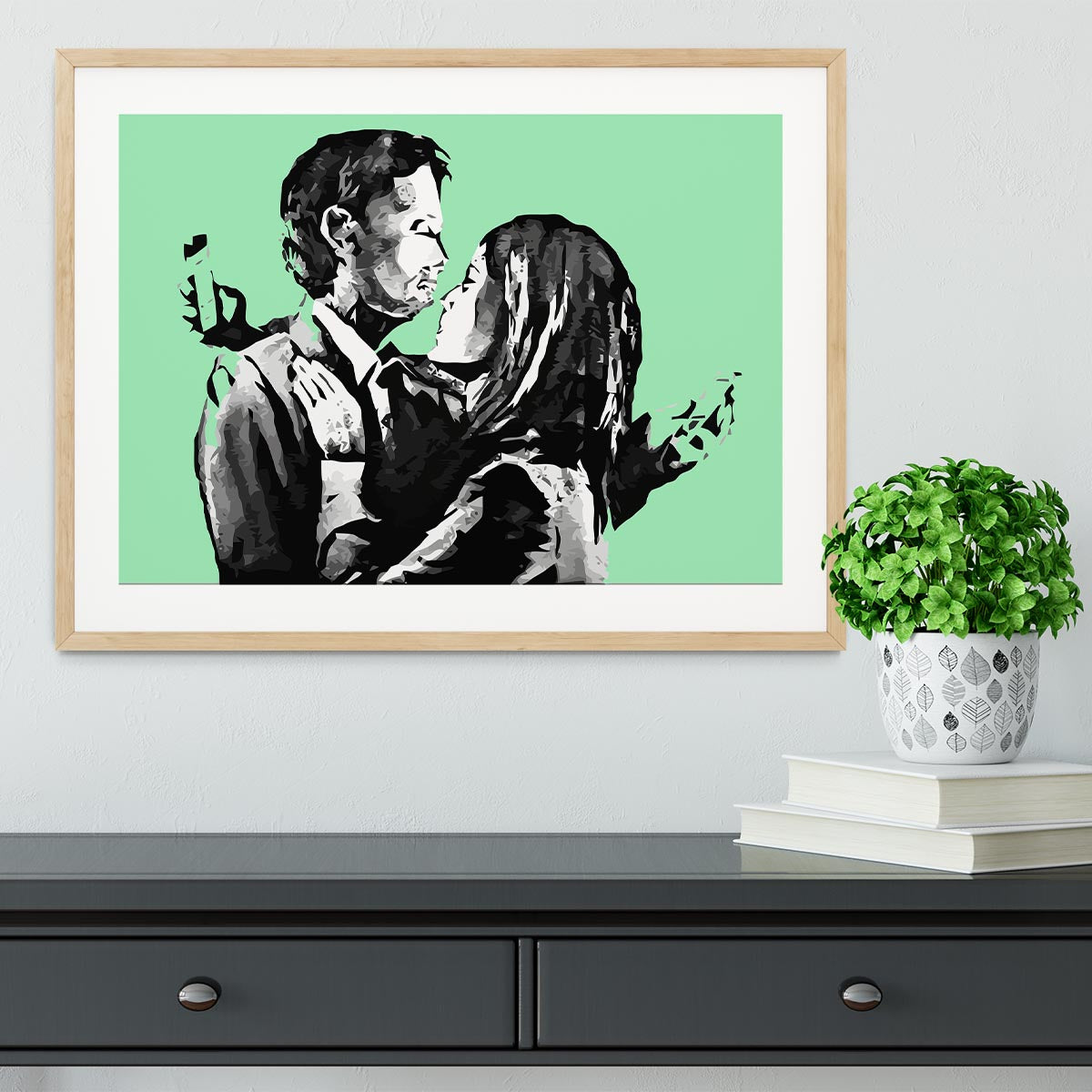Banksy Mobile Lovers Green Framed Print - Canvas Art Rocks - 3