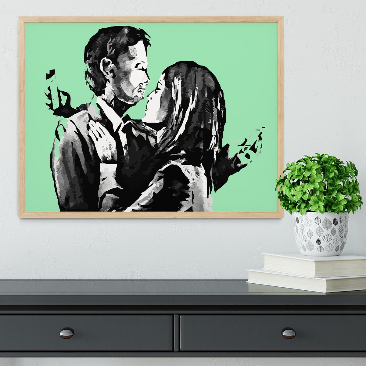 Banksy Mobile Lovers Green Framed Print - Canvas Art Rocks - 4