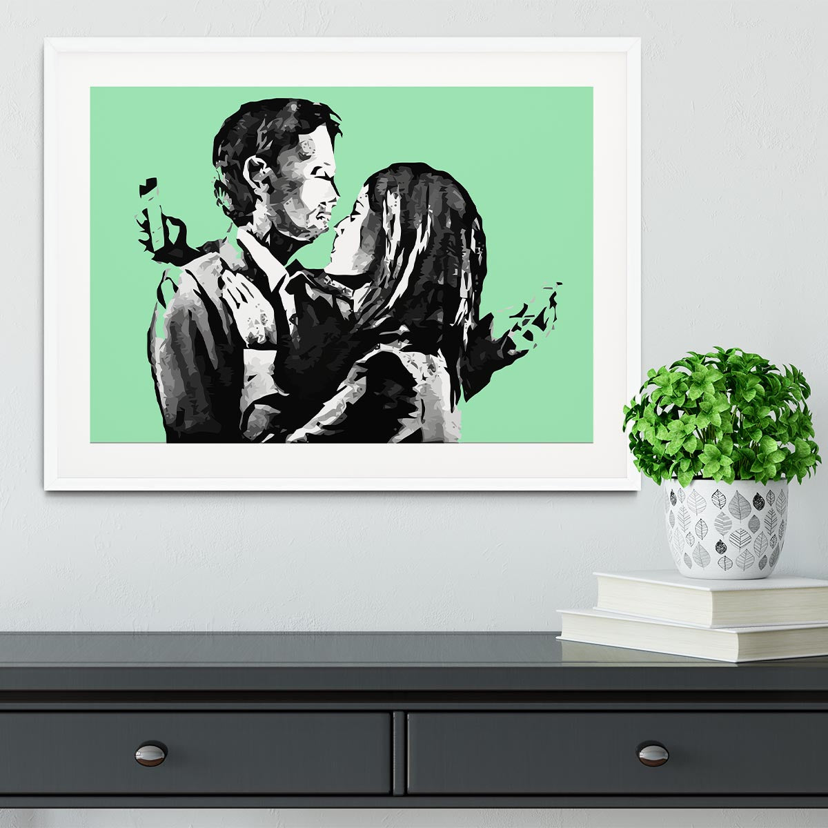 Banksy Mobile Lovers Green Framed Print - Canvas Art Rocks - 5