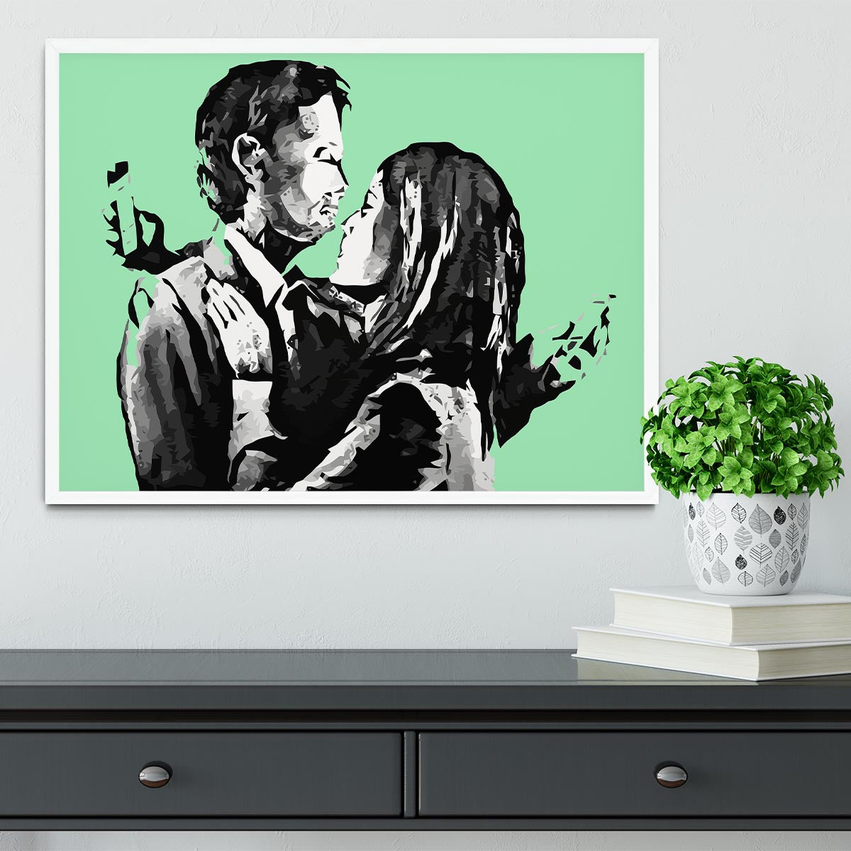 Banksy Mobile Lovers Green Framed Print - Canvas Art Rocks -6