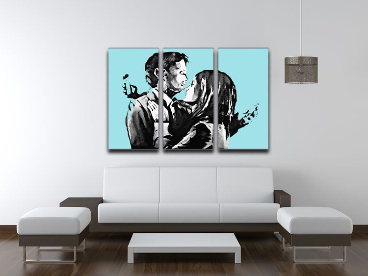 Banksy Mobile Lovers Light Blue 3 Split Panel Canvas Print - Canvas Art Rocks - 3