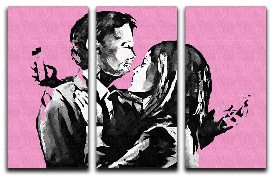 Banksy Mobile Lovers Pink 3 Split Panel Canvas Print - Canvas Art Rocks - 1