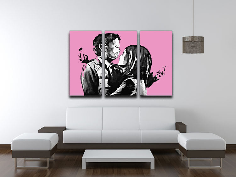 Banksy Mobile Lovers Pink 3 Split Panel Canvas Print - Canvas Art Rocks - 3