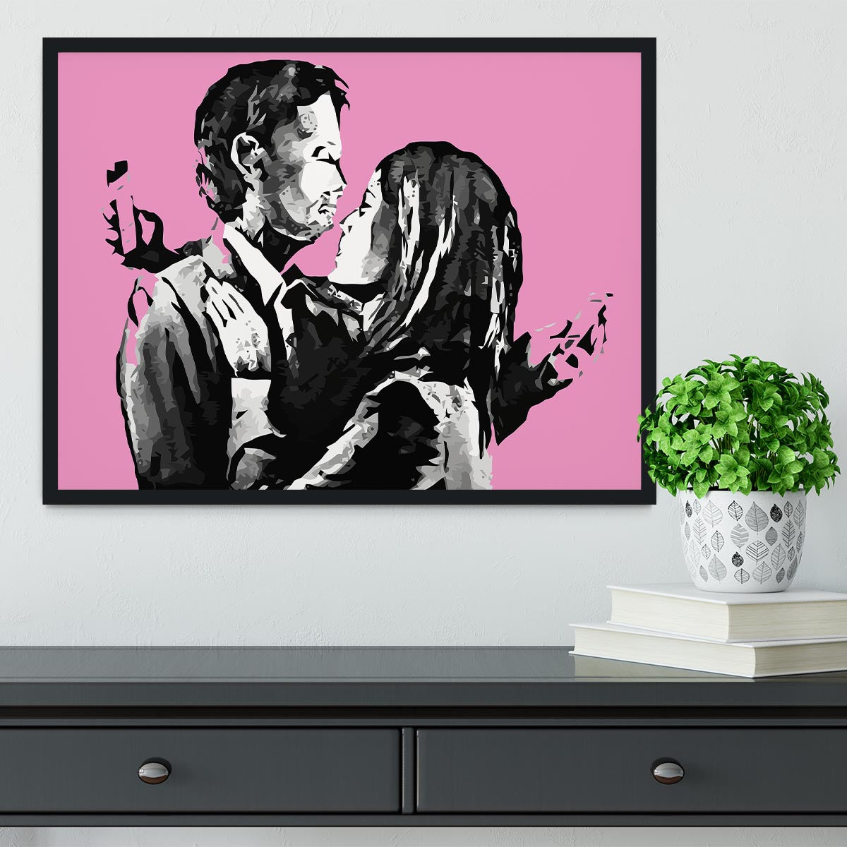 Banksy Mobile Lovers Pink Framed Print - Canvas Art Rocks - 2