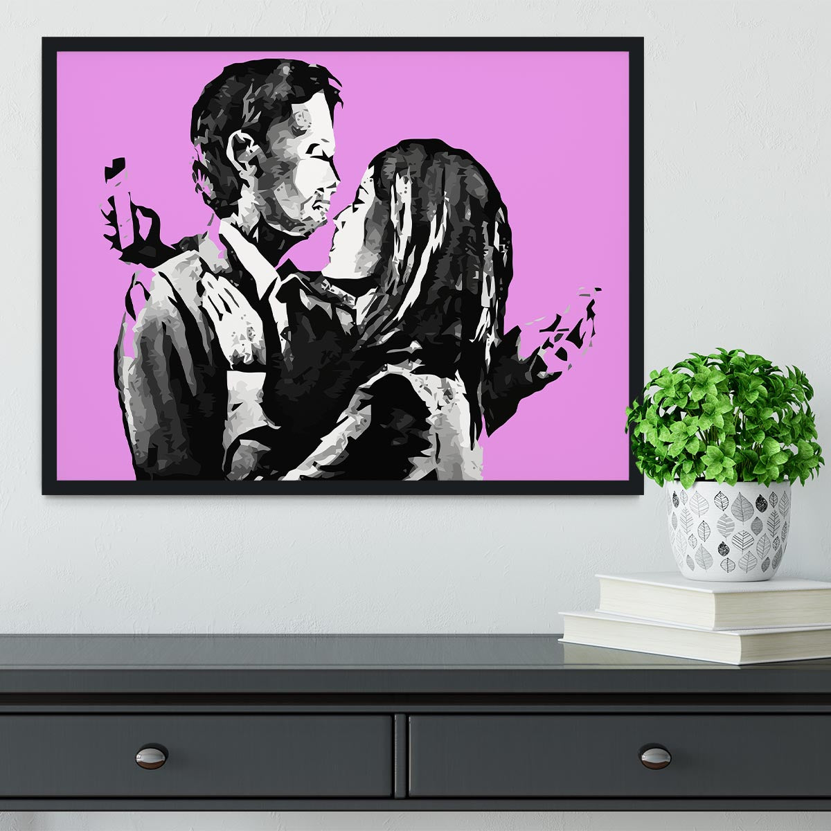 Banksy Mobile Lovers Purple Framed Print - Canvas Art Rocks - 2