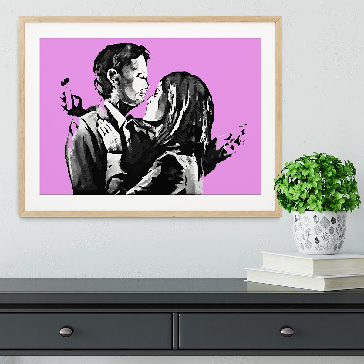 Banksy Mobile Lovers Purple Framed Print - Canvas Art Rocks - 3