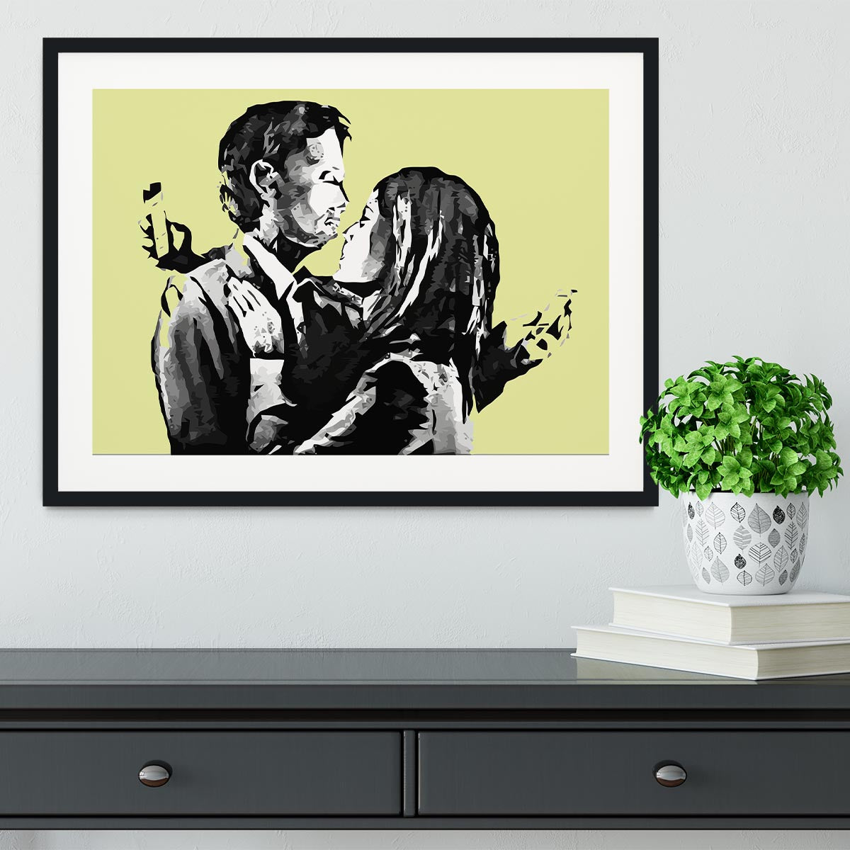 Banksy Mobile Lovers Yellow Framed Print - Canvas Art Rocks - 1