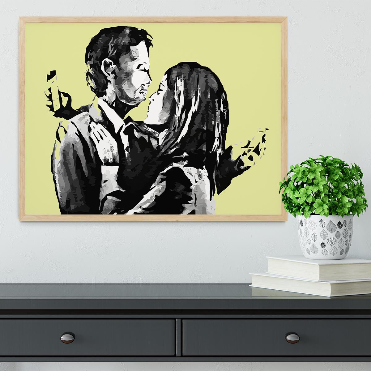 Banksy Mobile Lovers Yellow Framed Print - Canvas Art Rocks - 4