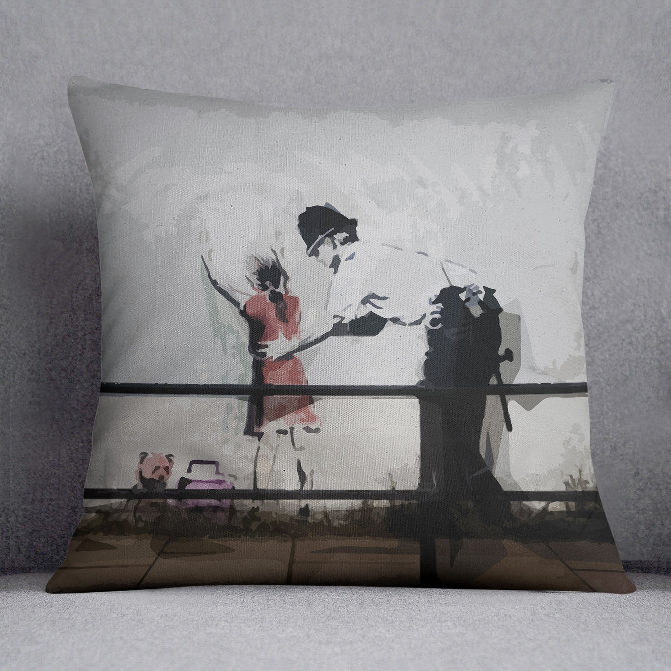 Banksy Policeman Searching Girl Cushion - Canvas Art Rocks - 1
