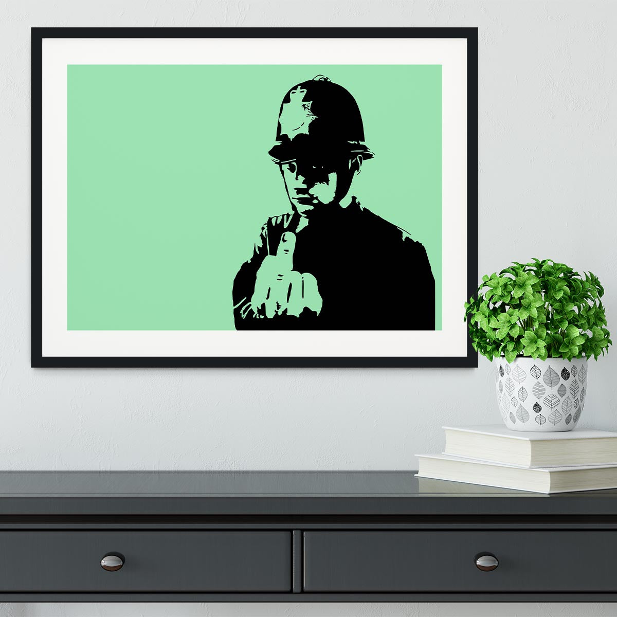 Banksy Rude Policeman Green Framed Print - Canvas Art Rocks - 1