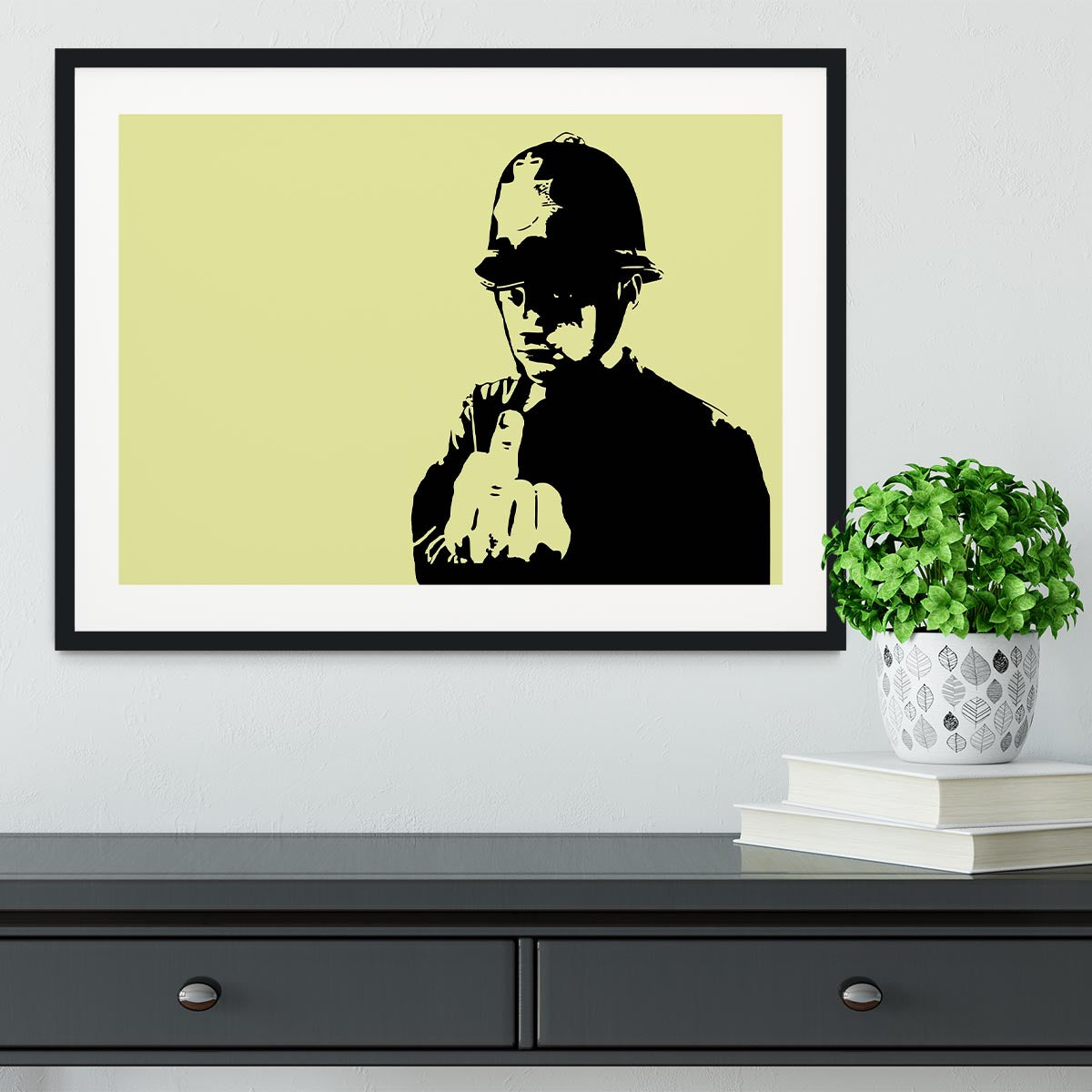 Banksy Rude Policeman Yellow Framed Print - Canvas Art Rocks - 1