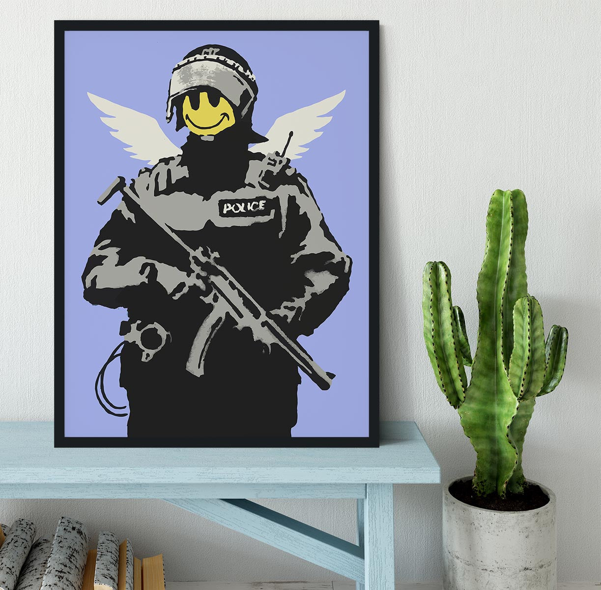 Banksy Smiley Angel Policeman Blue Framed Print - Canvas Art Rocks - 2