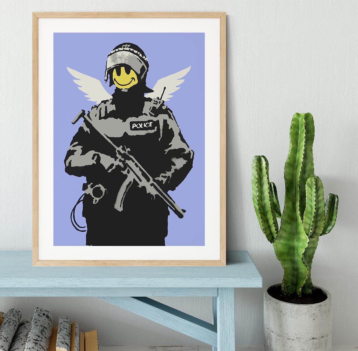 Banksy Smiley Angel Policeman Blue Framed Print - Canvas Art Rocks - 3