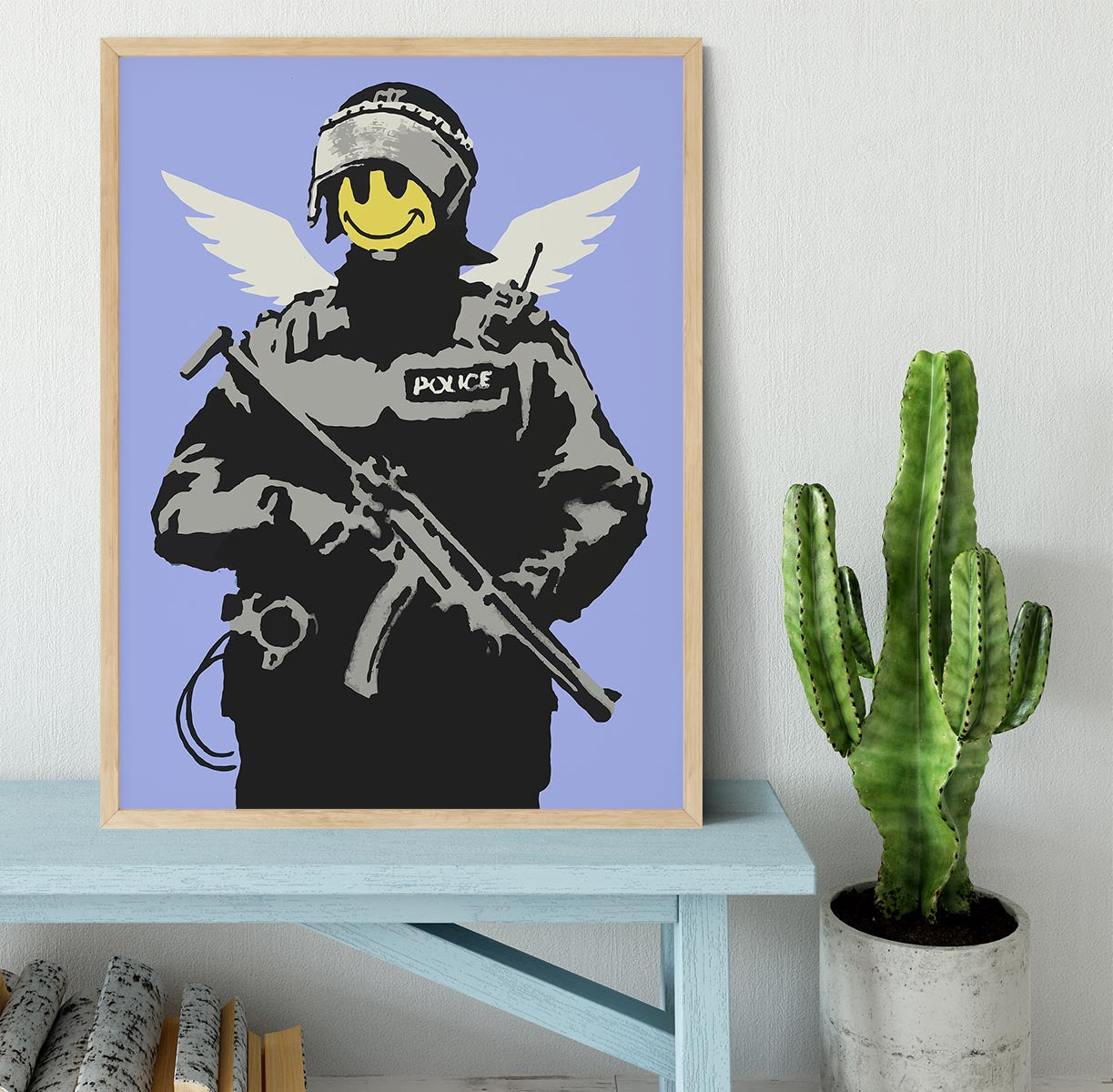 Banksy Smiley Angel Policeman Blue Framed Print - Canvas Art Rocks - 4