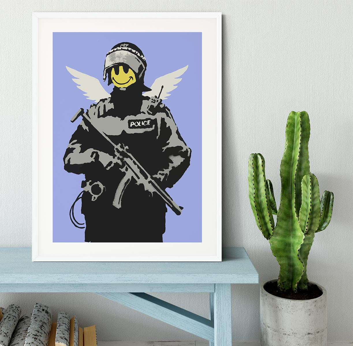 Banksy Smiley Angel Policeman Blue Framed Print - Canvas Art Rocks - 5