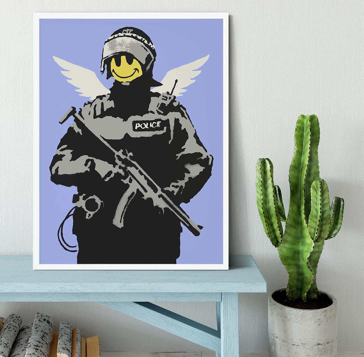 Banksy Smiley Angel Policeman Blue Framed Print - Canvas Art Rocks -6