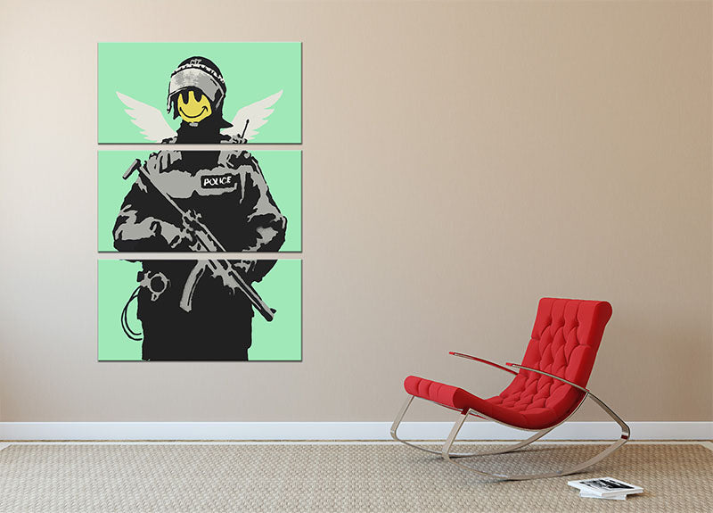 Banksy Smiley Angel Policeman Green 3 Split Panel Canvas Print - Canvas Art Rocks - 2