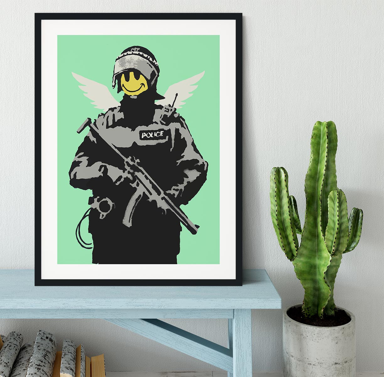Banksy Smiley Angel Policeman Green Framed Print - Canvas Art Rocks - 1