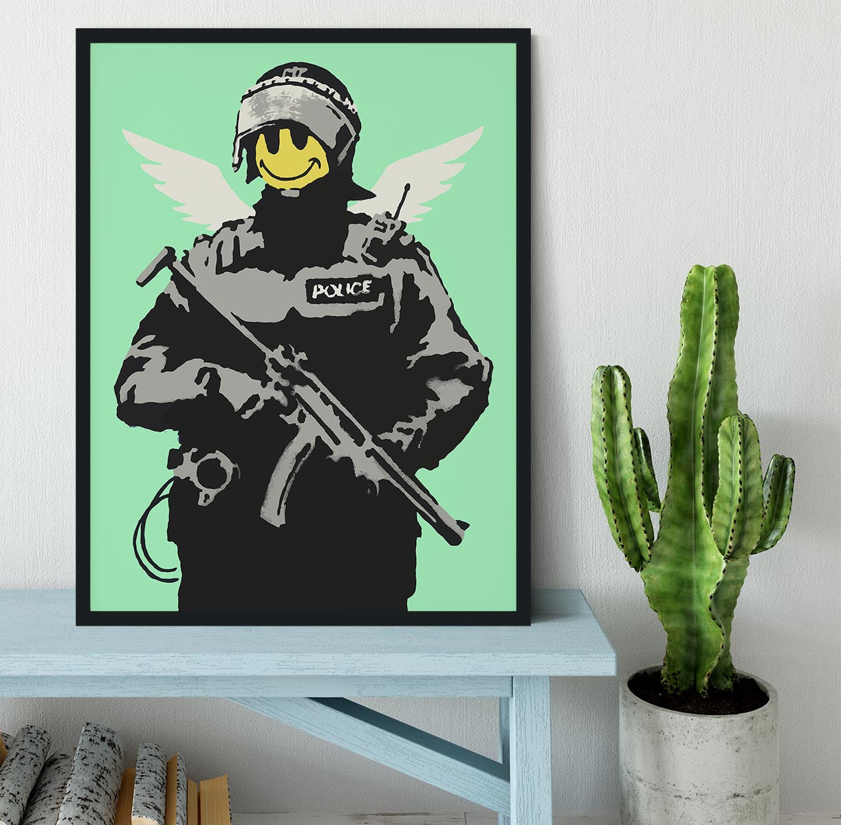 Banksy Smiley Angel Policeman Green Framed Print - Canvas Art Rocks - 2