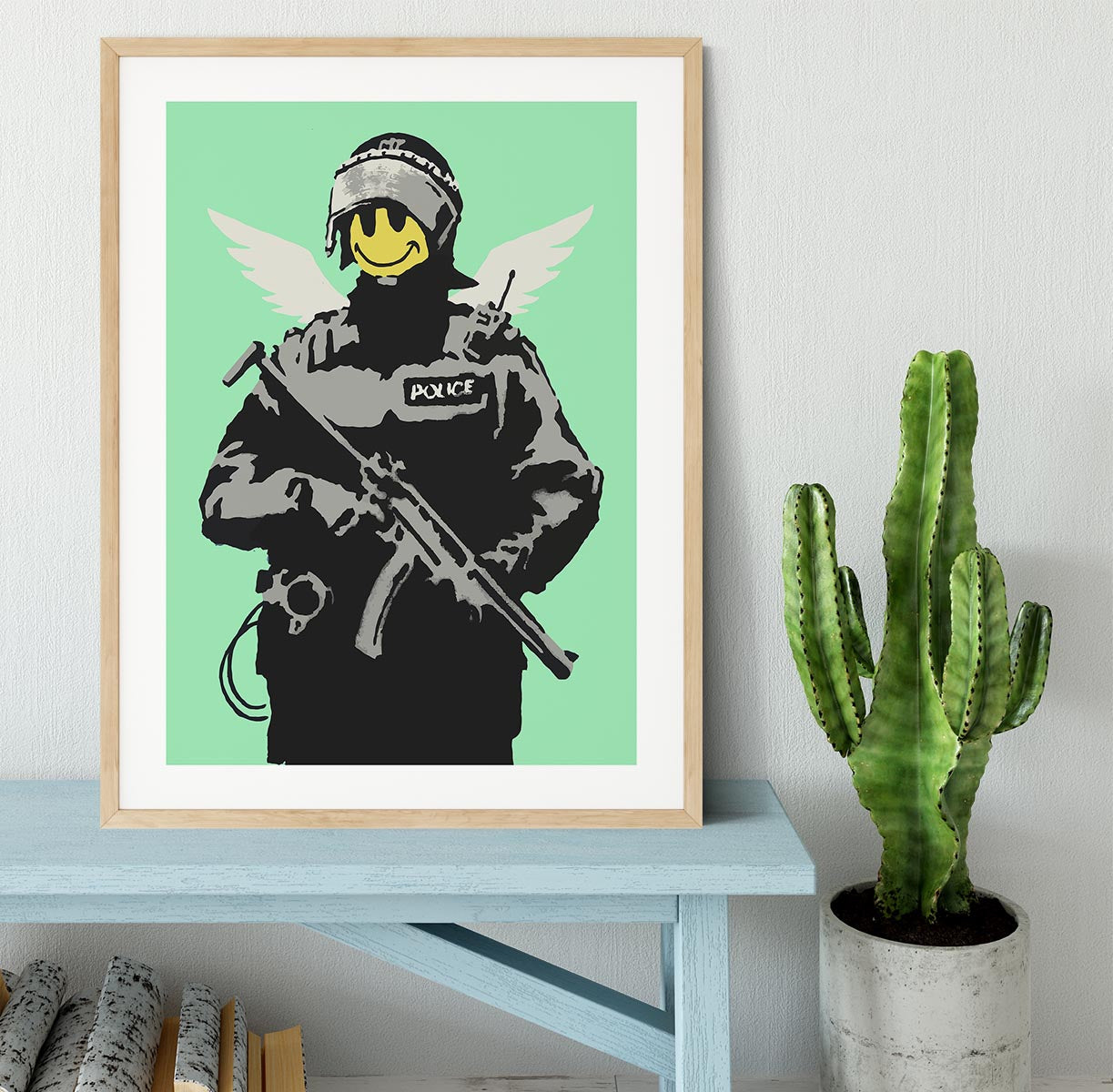 Banksy Smiley Angel Policeman Green Framed Print - Canvas Art Rocks - 3