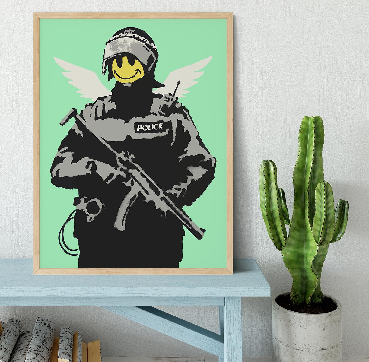 Banksy Smiley Angel Policeman Green Framed Print - Canvas Art Rocks - 4