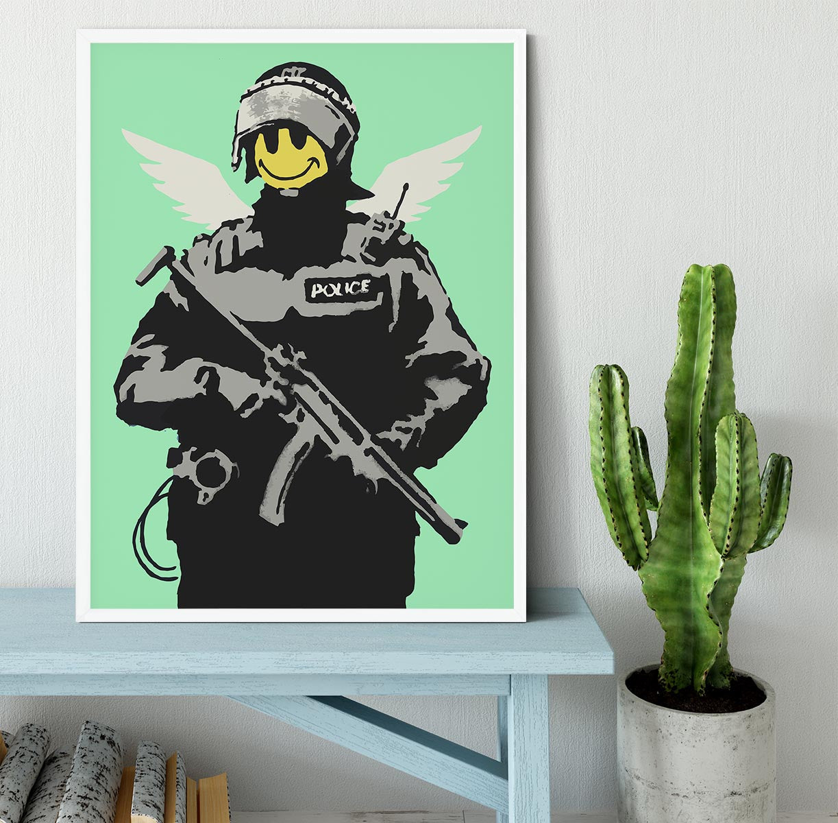 Banksy Smiley Angel Policeman Green Framed Print - Canvas Art Rocks -6