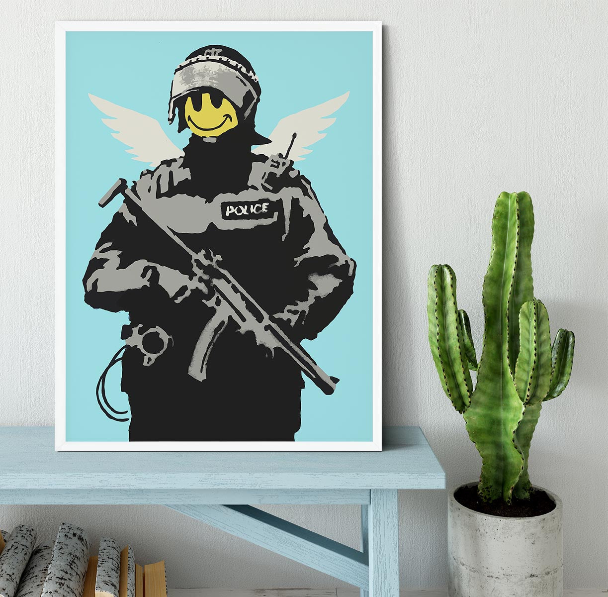 Banksy Smiley Angel Policeman Light Blue Framed Print - Canvas Art Rocks -6