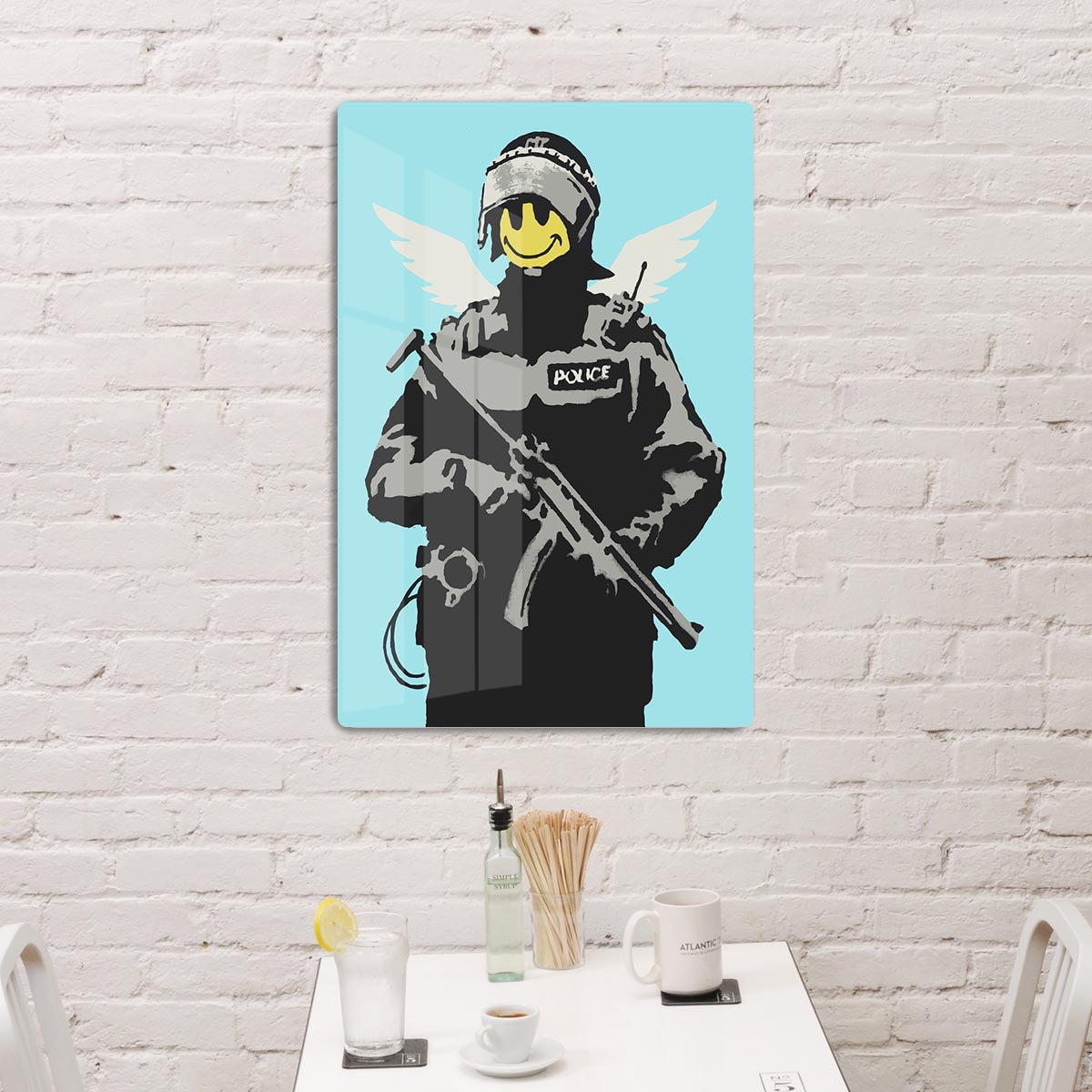 Banksy Smiley Angel Policeman Light Blue Acrylic Block - Canvas Art Rocks - 3