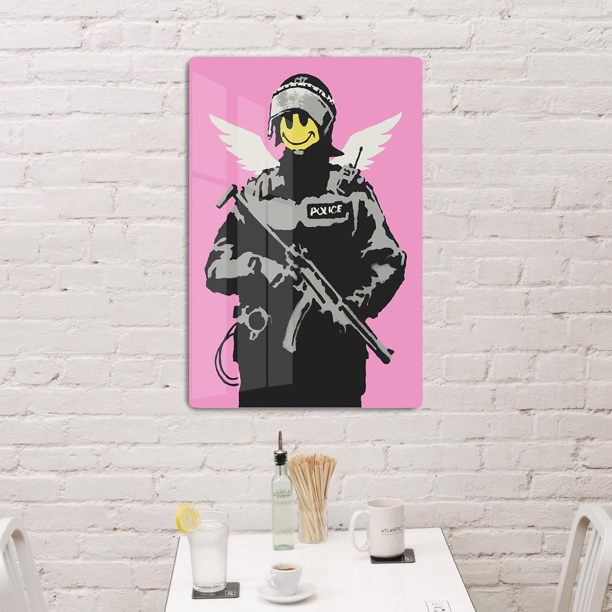 Banksy Smiley Angel Policeman Pink Acrylic Block - Canvas Art Rocks - 3