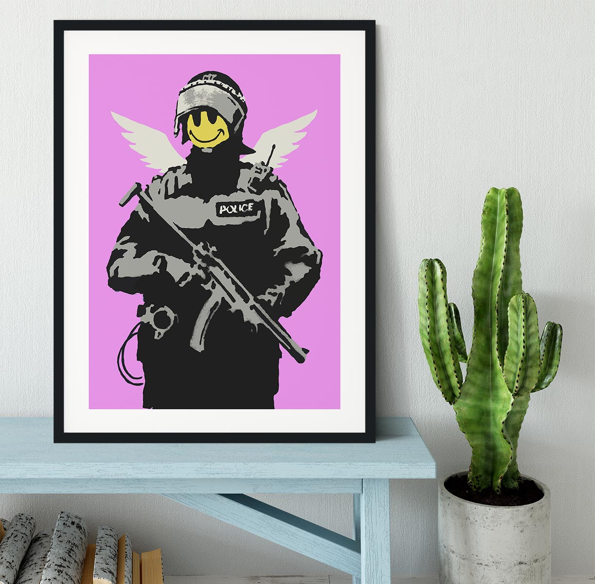 Banksy Smiley Angel Policeman Purple Framed Print - Canvas Art Rocks - 1