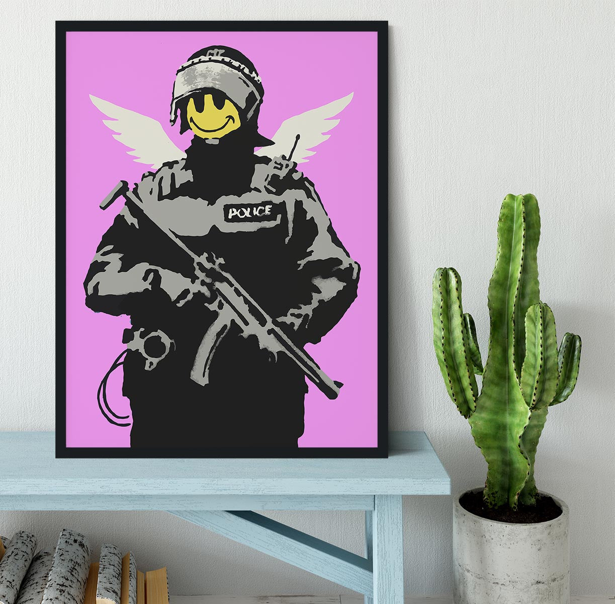 Banksy Smiley Angel Policeman Purple Framed Print - Canvas Art Rocks - 2