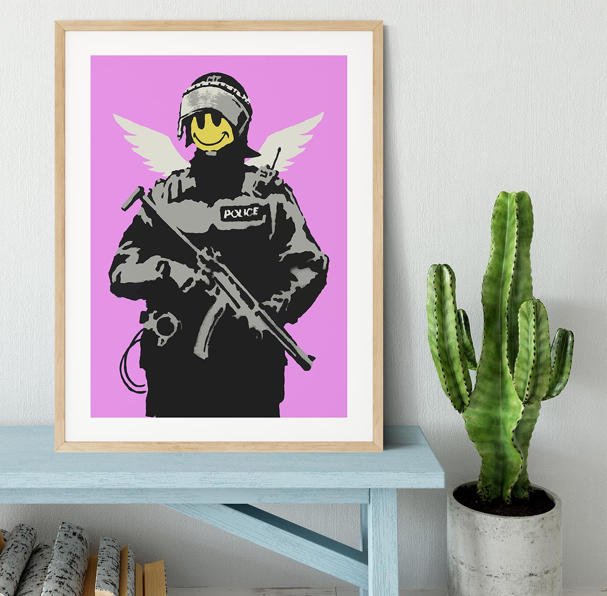 Banksy Smiley Angel Policeman Purple Framed Print - Canvas Art Rocks - 3