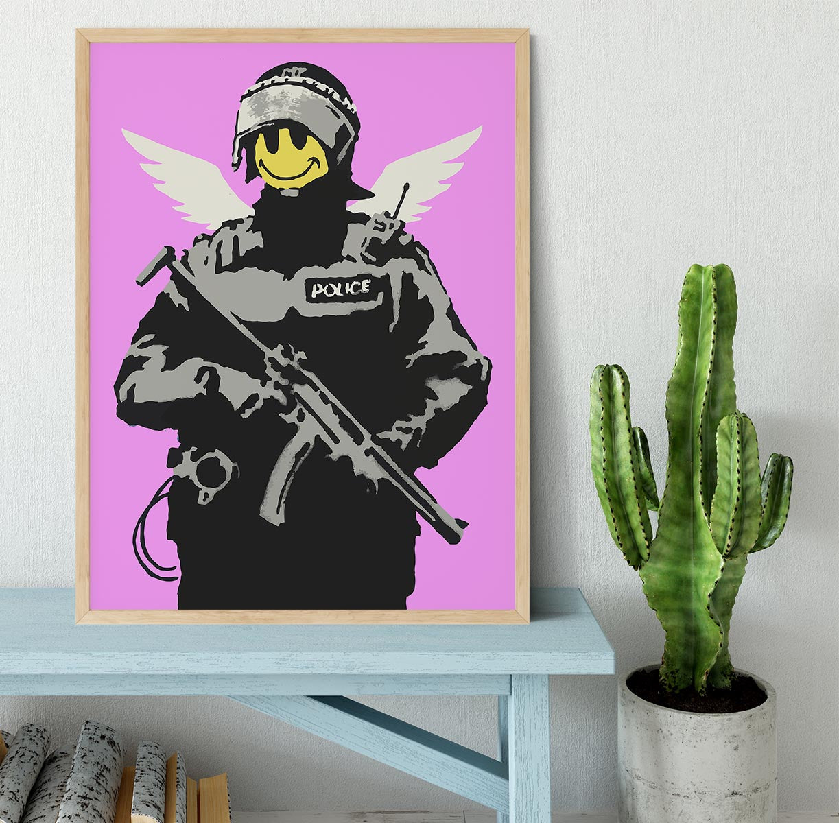 Banksy Smiley Angel Policeman Purple Framed Print - Canvas Art Rocks - 4