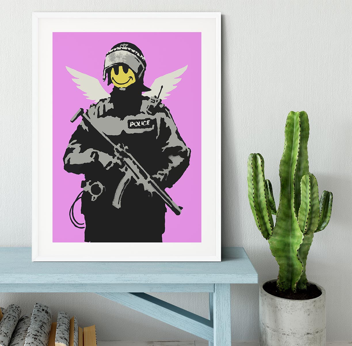 Banksy Smiley Angel Policeman Purple Framed Print - Canvas Art Rocks - 5