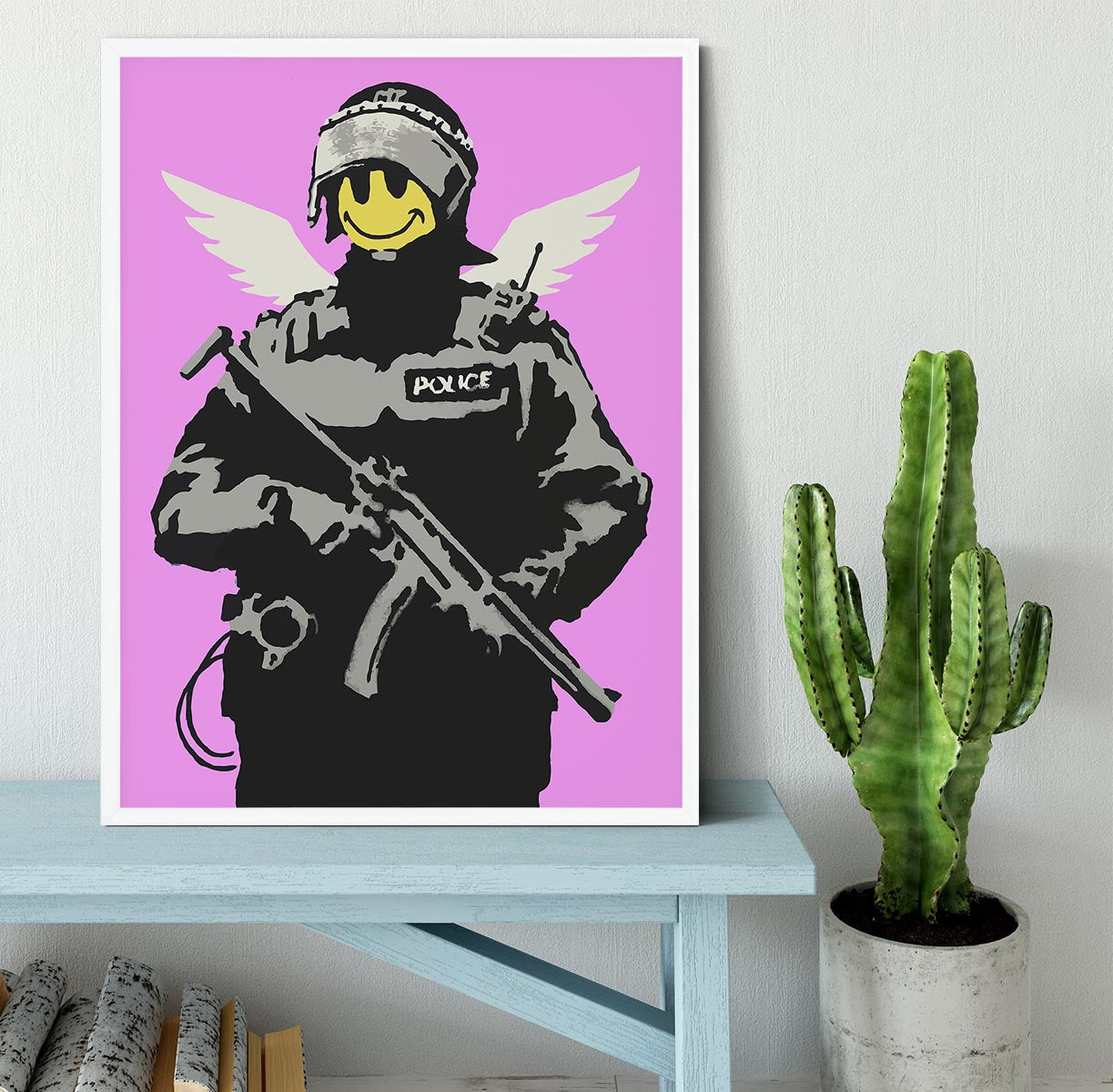 Banksy Smiley Angel Policeman Purple Framed Print - Canvas Art Rocks -6