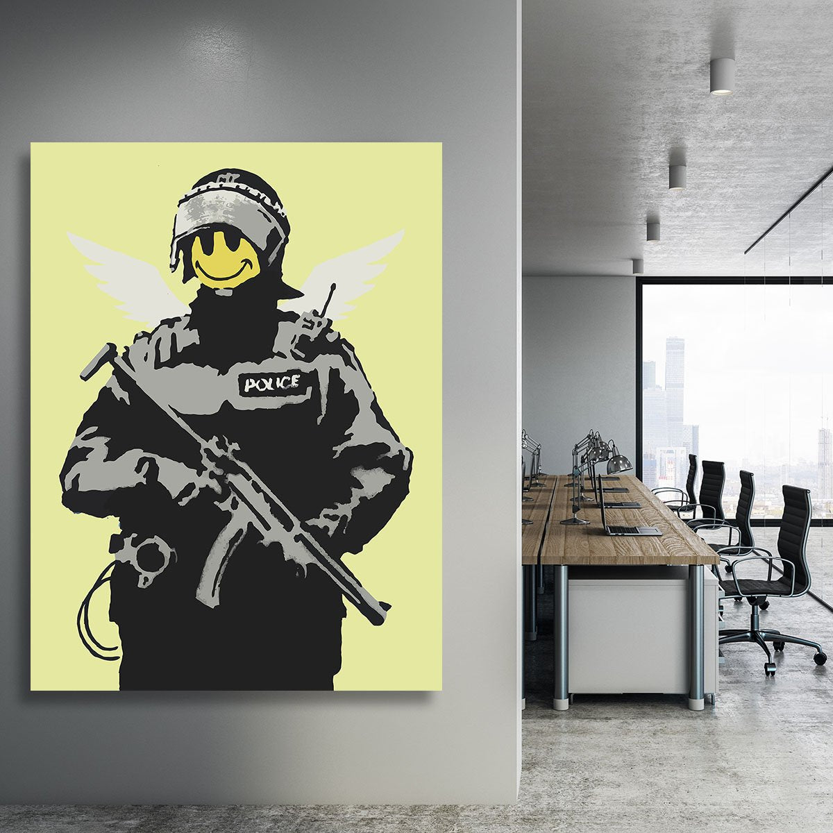 Banksy Smiley Angel Policeman Yellow Canvas Print or Poster