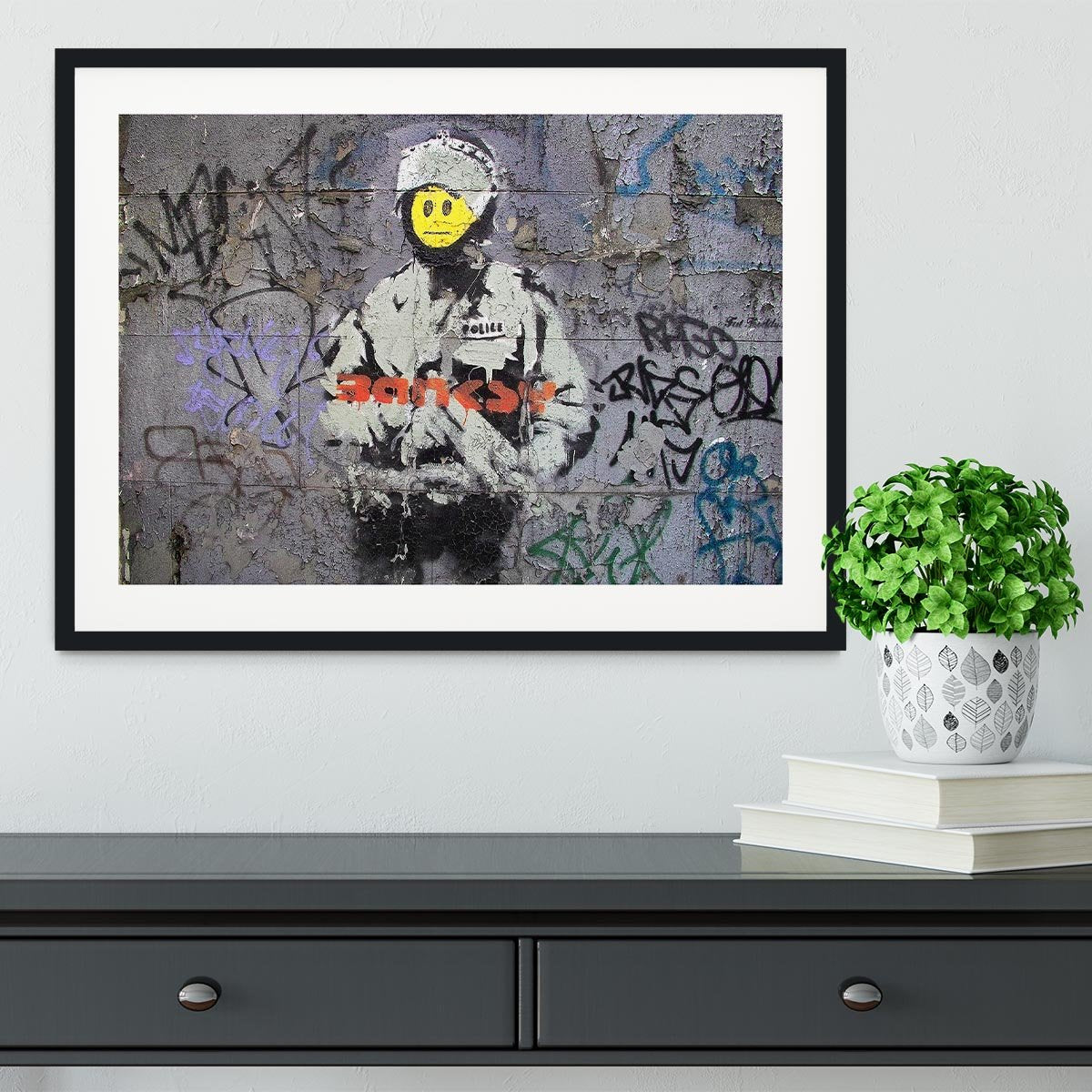 Banksy Smiley Riot Cop Framed Print - Canvas Art Rocks - 1