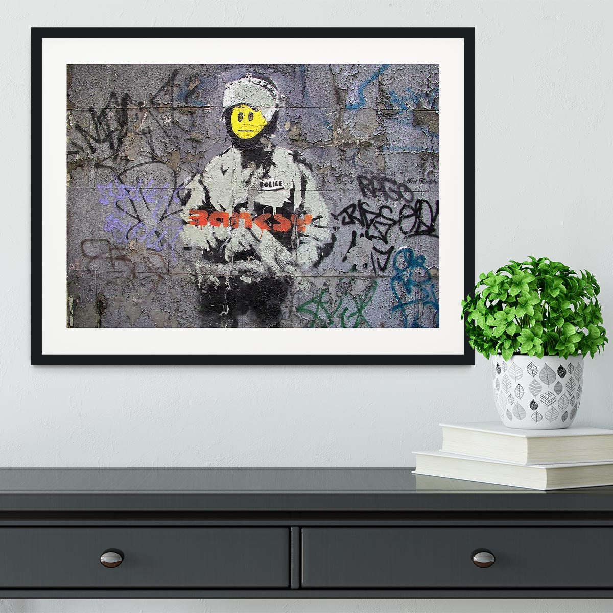 Banksy Smiley Riot Cop Framed Print - Canvas Art Rocks - 1