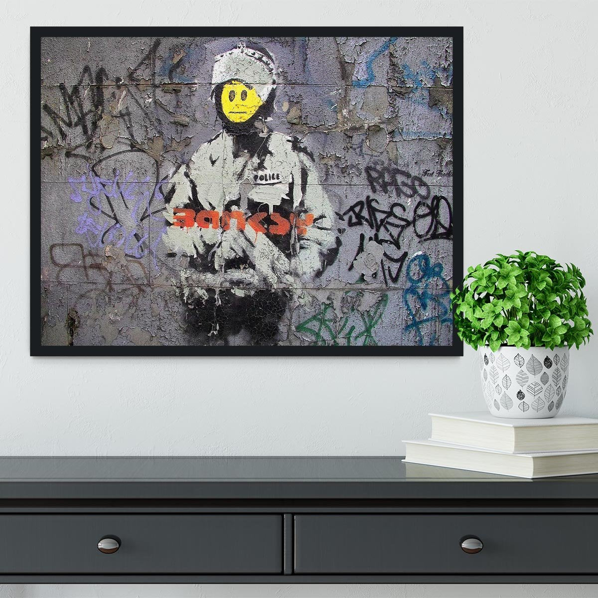 Banksy Smiley Riot Cop Framed Print - Canvas Art Rocks - 2