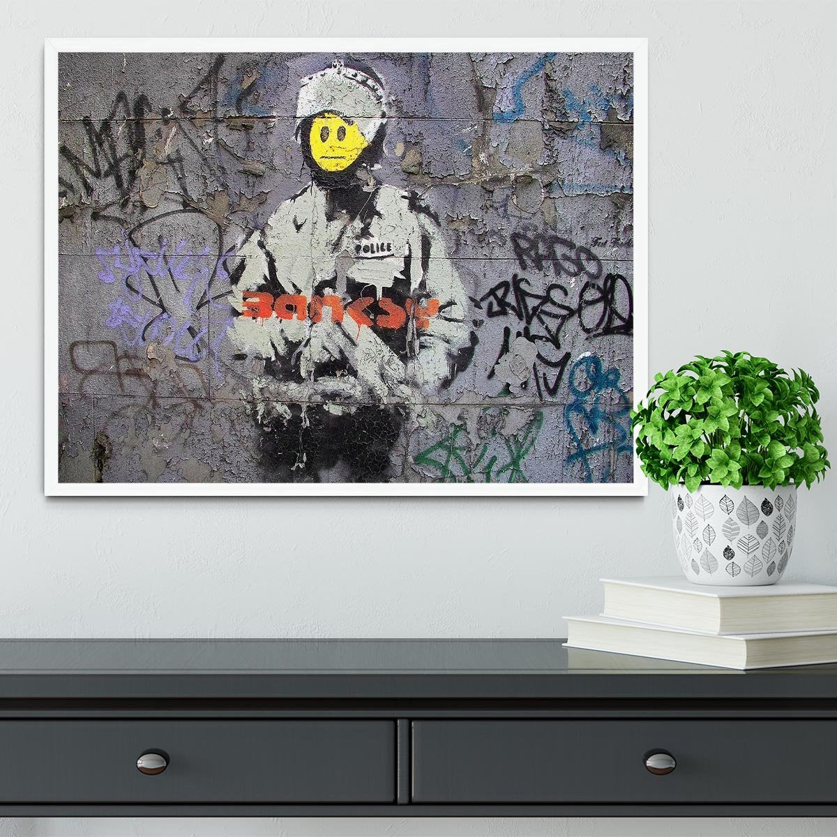 Banksy Smiley Riot Cop Framed Print - Canvas Art Rocks -6