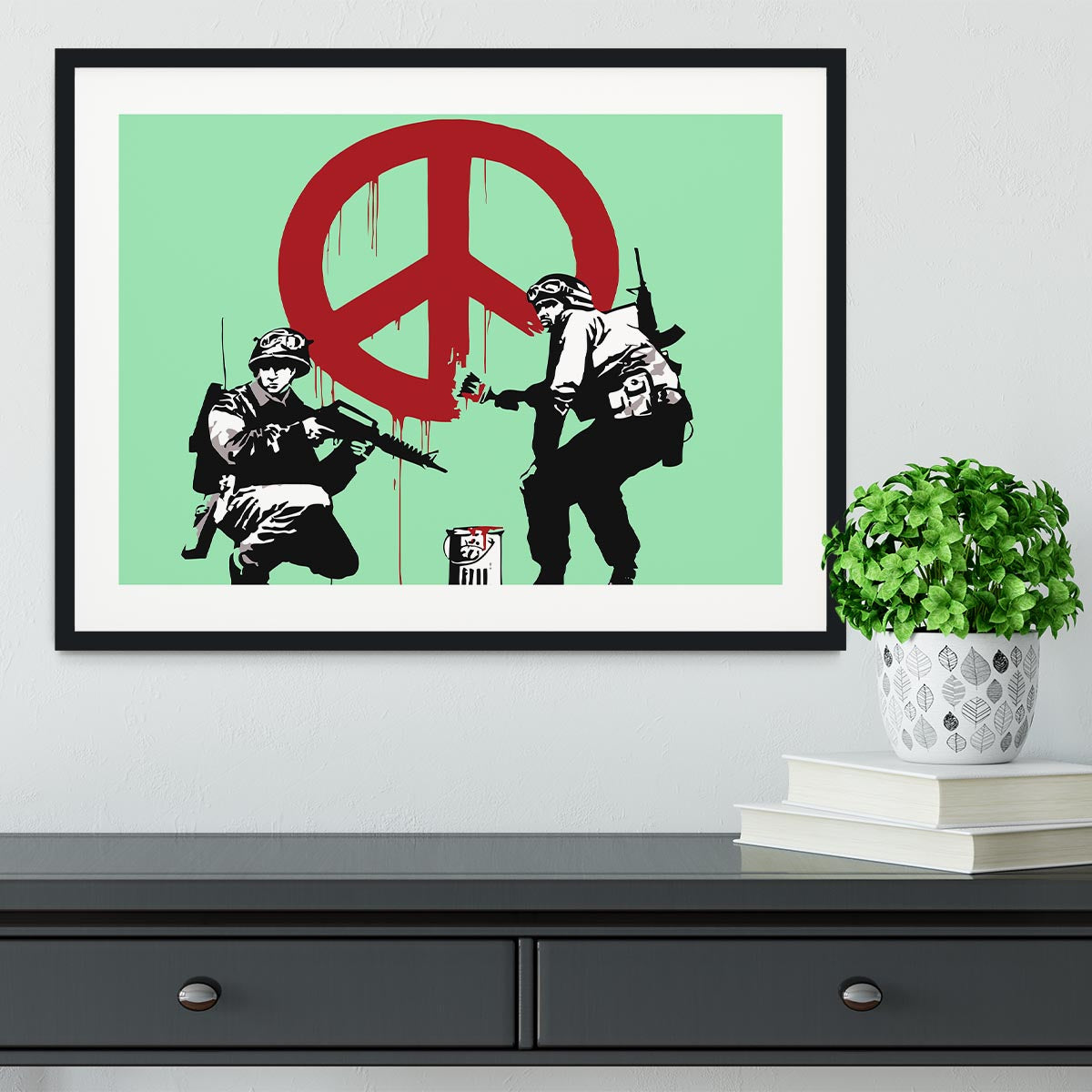 Banksy Soldiers Painting CND Sign Green Framed Print - Canvas Art Rocks - 1