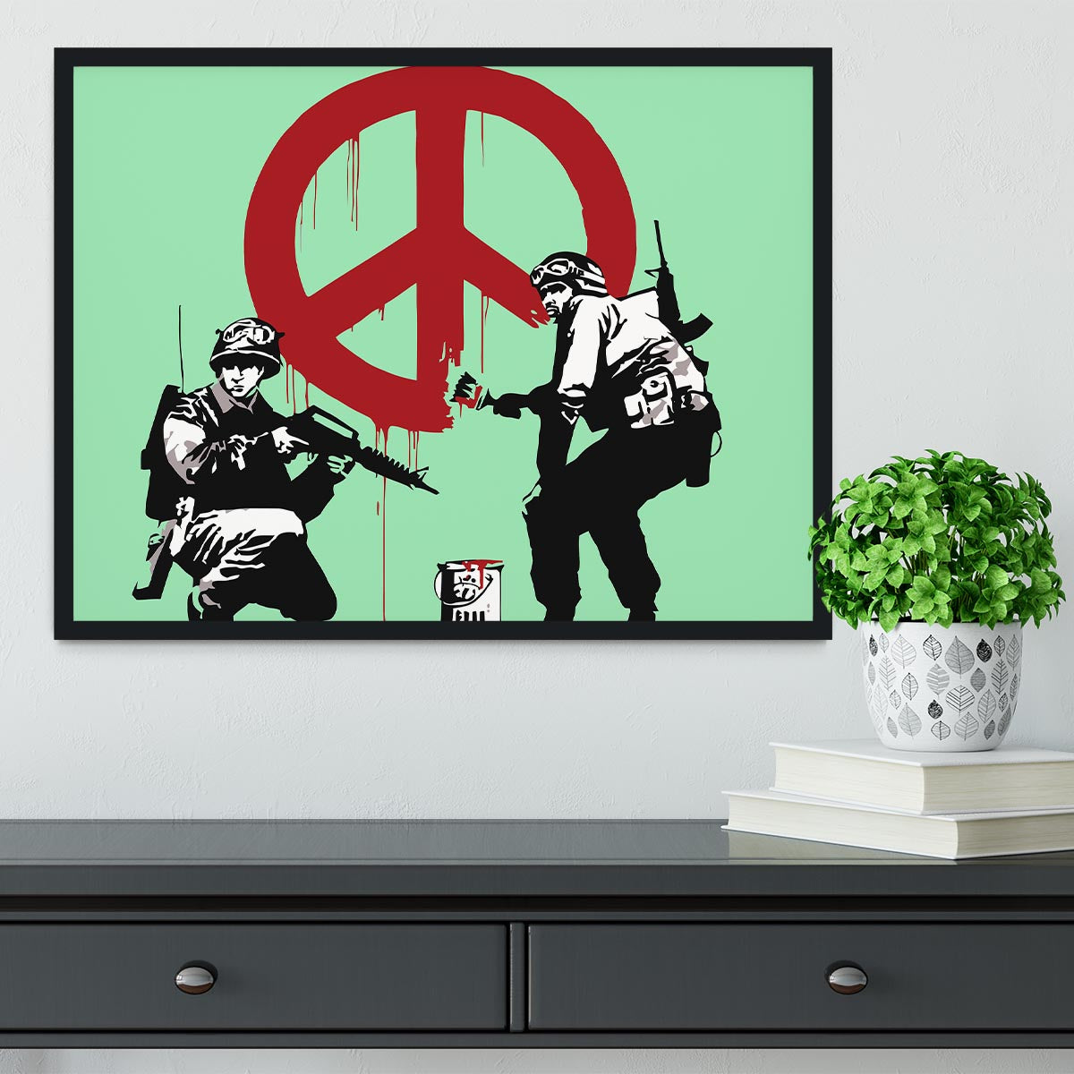 Banksy Soldiers Painting CND Sign Green Framed Print - Canvas Art Rocks - 2