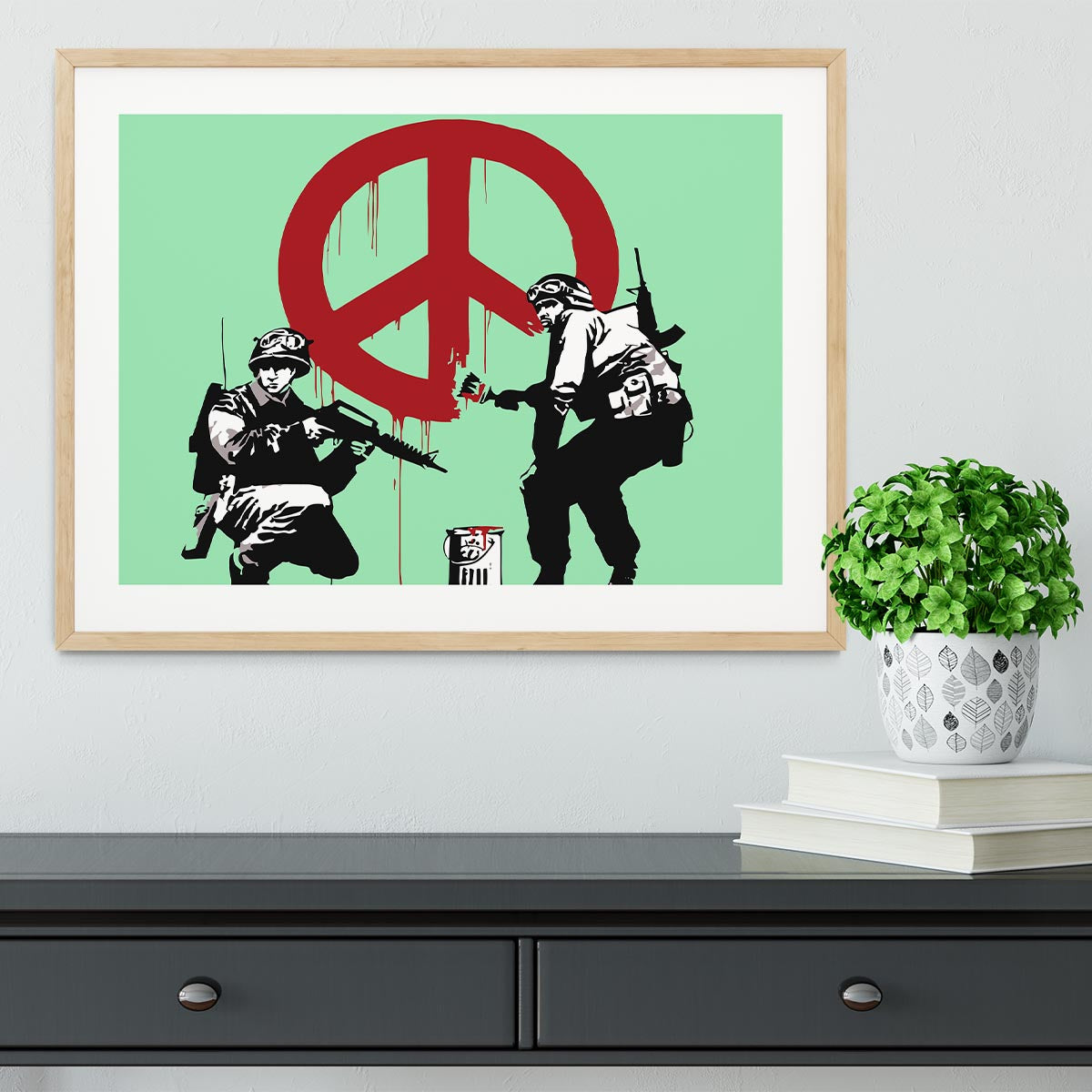 Banksy Soldiers Painting CND Sign Green Framed Print - Canvas Art Rocks - 3