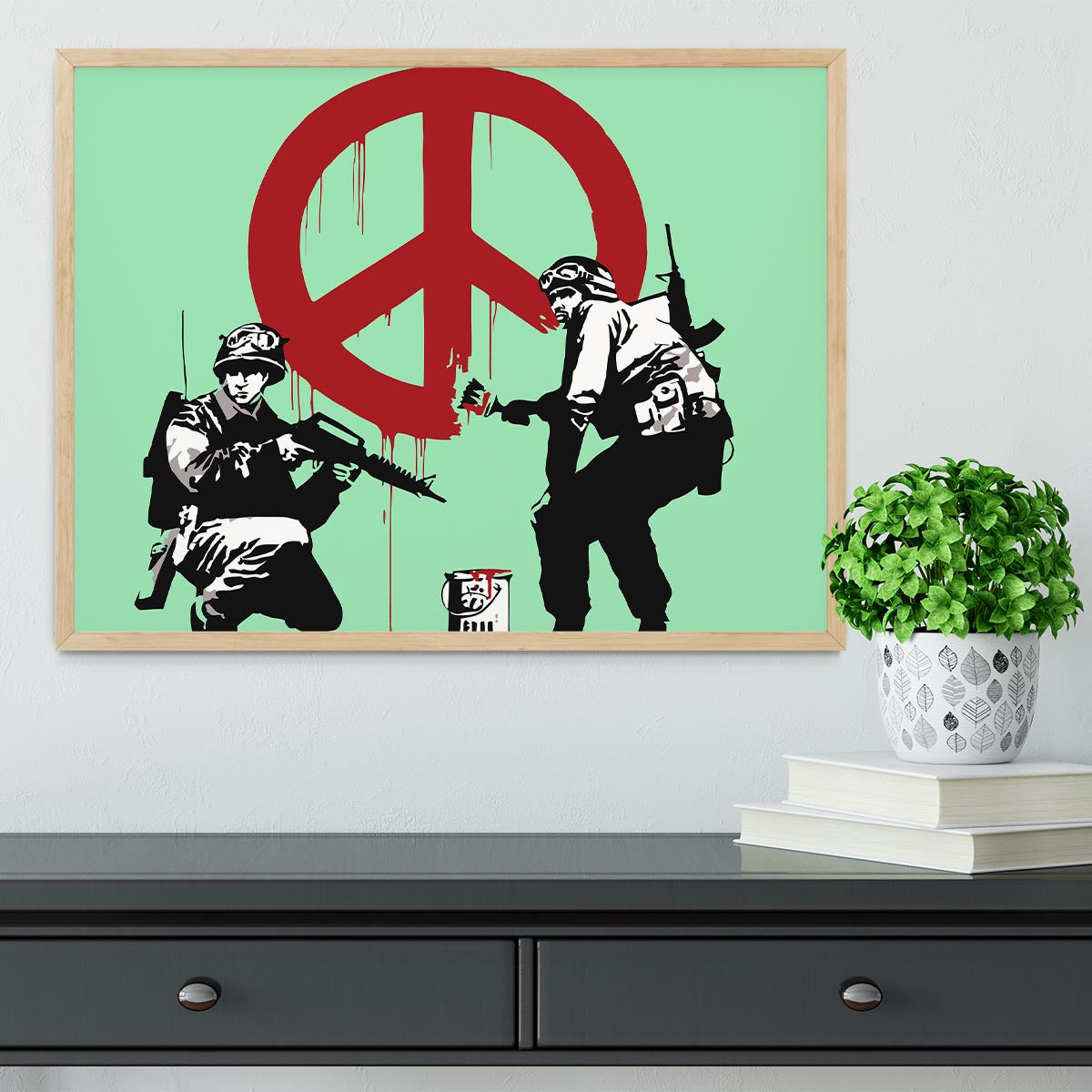 Banksy Soldiers Painting CND Sign Green Framed Print - Canvas Art Rocks - 4