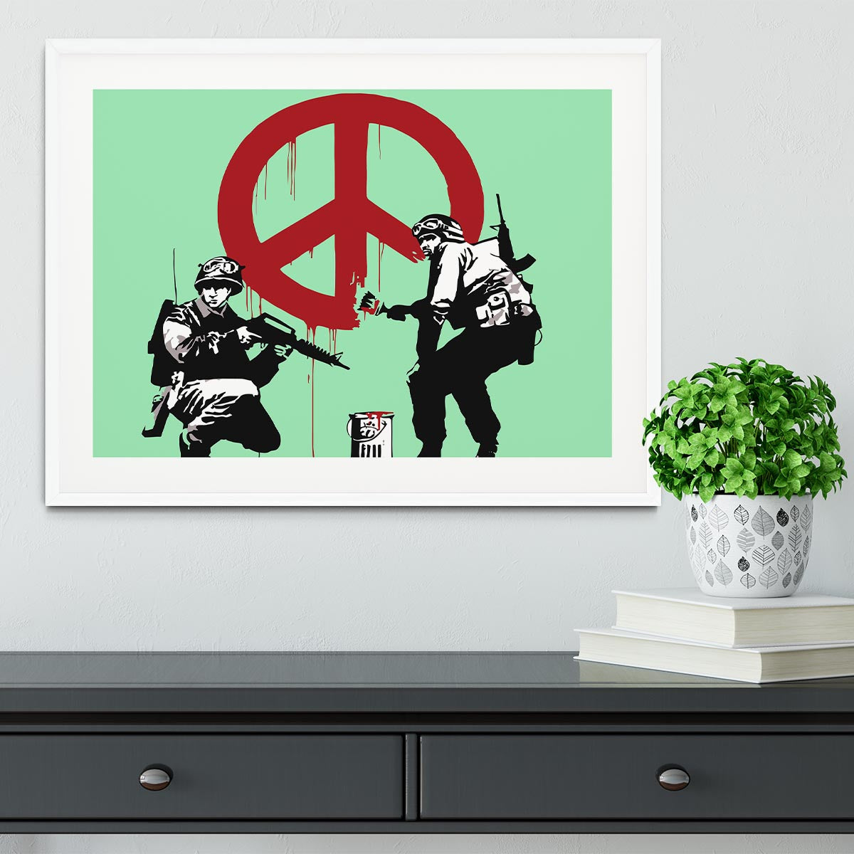 Banksy Soldiers Painting CND Sign Green Framed Print - Canvas Art Rocks - 5