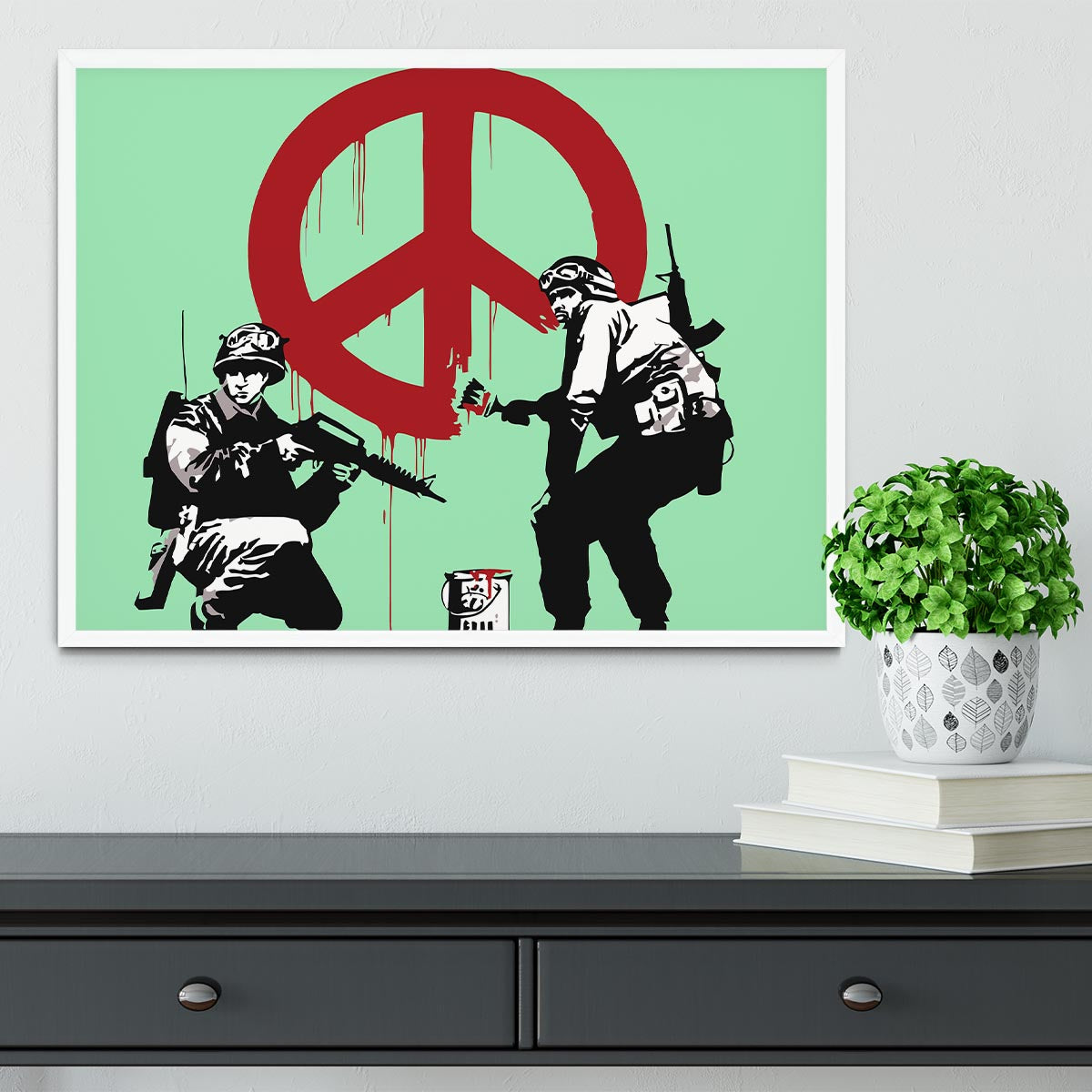 Banksy Soldiers Painting CND Sign Green Framed Print - Canvas Art Rocks -6