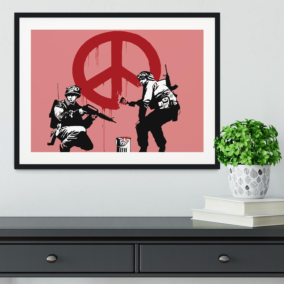 Banksy Soldiers Painting CND Sign Red Framed Print - Canvas Art Rocks - 1