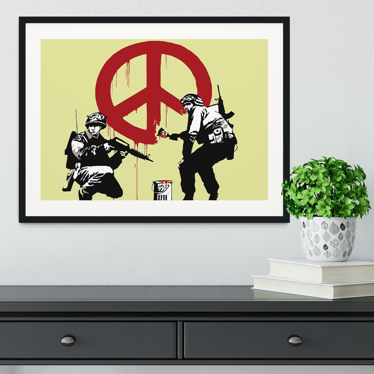 Banksy Soldiers Painting CND Sign Yellow Framed Print - Canvas Art Rocks - 1
